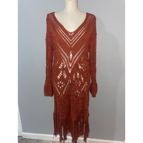 Free People Constellation Crochet Midi Sweater Dress Tunic size S Fringe Hem - Picture 2 of 13